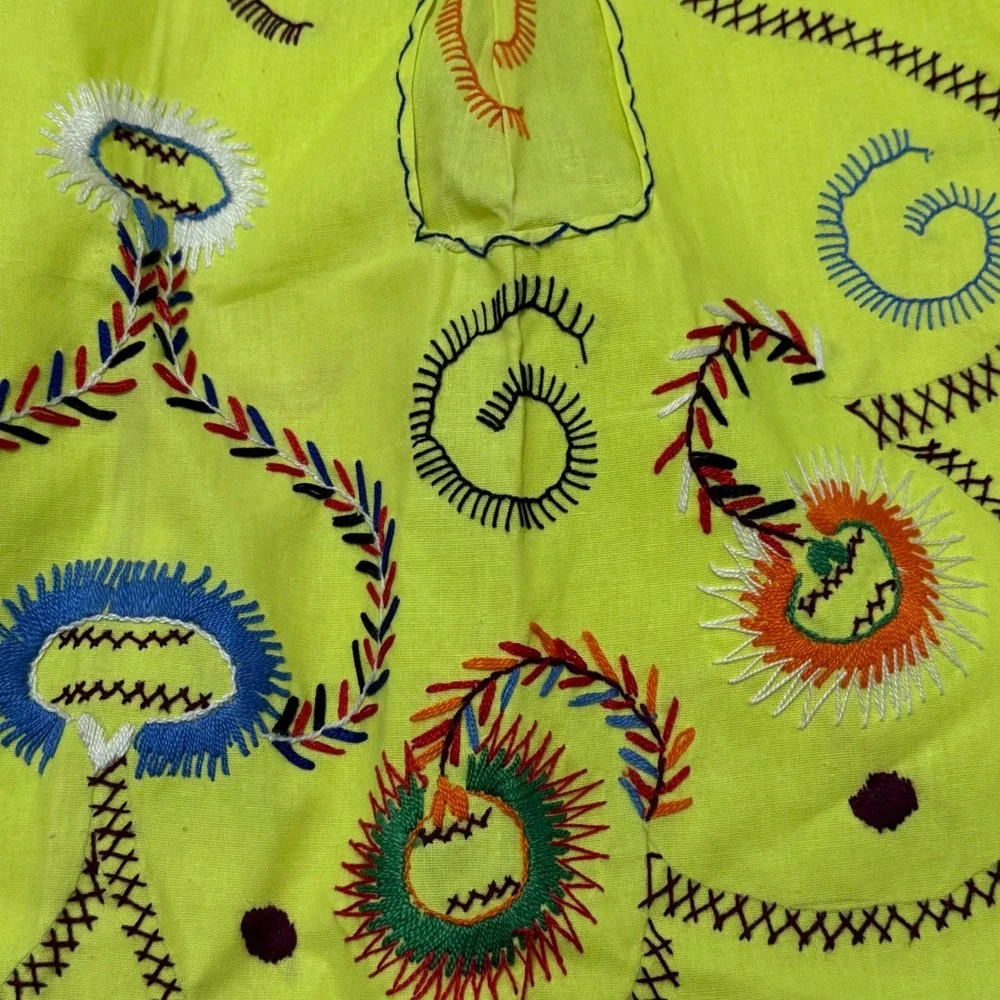 Vintage Portugal‎ Half Apron Set of 2 Yellow White Folk Hand Embroidered Pockets